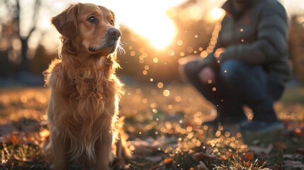canine obedience training, a devoted dog trainer leads a lively golden retriever, practicing obedience cues in a sunny park with enthusiasm