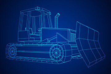 Big front-end loader bulldozer. Heavy equipment machine and manufacturing equipment for mining. Wireframe low poly mesh vector illustration.