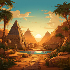 illustration of a desert landscape with a river and pyramids
