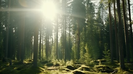 The sun shines through the trees, creating a beautiful forest landscape