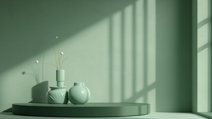 Fouce on a green podium on the shelf next to a green wall, in the style of white and cyan, daz3d, delicate lines, minimalist color field, texture-rich surfaces, stripes and shapes, rounded