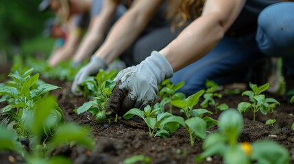 Fototapeta premium community gardening, volunteers collaborate to plant vegetables in the community garden, cultivating a green space for everyone to relish, promoting unity and cooperation