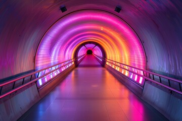 A colorful neon tunnel with a light at the end.