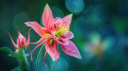 Close-up of a pink and teal columbine with large stamens