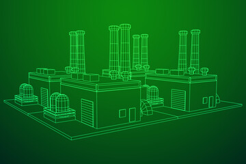 Industrial factory. Plant or Factory Building. Manufacturing building. Wireframe low poly mesh vector illustration.