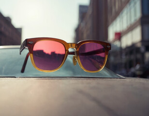 Gli occhiali da sole con montatura rossa, appoggiati su un tavolino da caff&egrave;, attirano l&rsquo;attenzione con il loro colore vibrante.