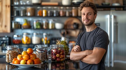 meal prep organization, a time-strapped professional beautifully layers oats, fruits, and nuts in jars for quick, nutritious grab-and-go breakfasts, showcasing a sleek, minimalist meal prep routine