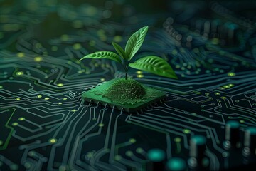 3d rendering of small plant growing on top of circuit board with dark background.