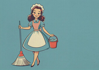 Paper textured vintage style illustration of cheerful young woman with broom and cleaning bucket standing isolated on blue background. Happy housewife of the 1950s concept. Copy space
