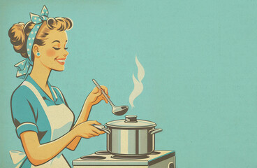 Paper textured vintage style illustration of cheerful young woman with apron cooking at the stove and standing isolated on blue background. Happy housewife of the 1950s concept. Copy space
