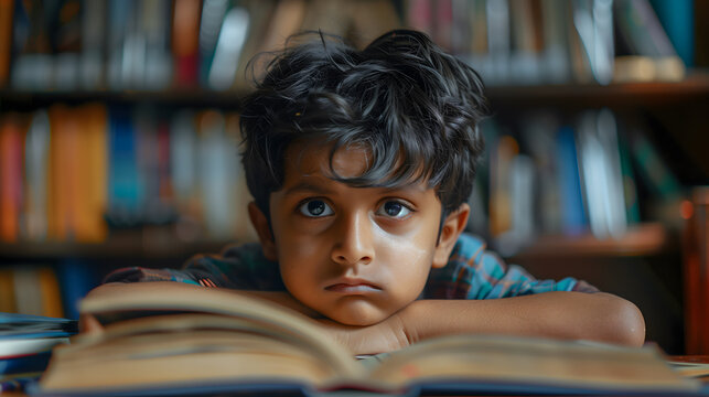 little indian innocent child belonging indian family , sitting in room , higly stressed because of buden of study