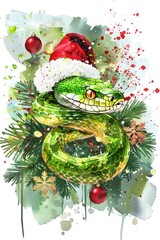 Green snake in a red Christmas hat on a background of fir branches and watercolor stains