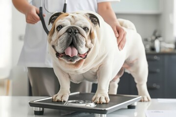 Photo of pug, bulldog dog, veterinarian at animal clinic placing overweight dog on the scales. Obese dog, problem of pet animals overweight , veterinary, prevention of animal diseases, weighing.