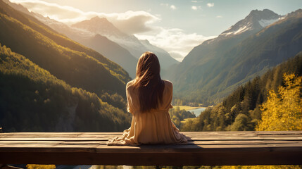 Back view of hipster girl sitting, with background of beautiful mountains scene