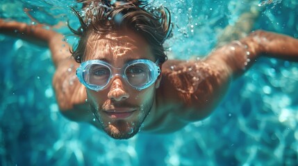 Fototapeta premium Young man swimming the front crawl in a pool, taken underwater.