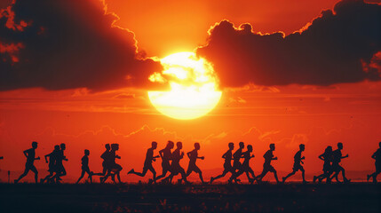 group of people running at sunset 
