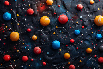 Abstract representation of molecules with colorful spheres and connecting rods on a dark background