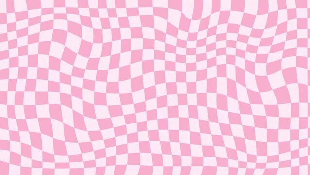 Pink retro checkerboard pattern, checkered wavy abstract geometric optical illusion looping background. 
