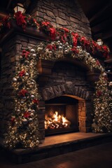 Fireplace decorated for Christmas with wreath and decorations