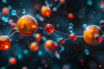 Abstract representation of molecules with colorful spheres and connecting rods on a dark background