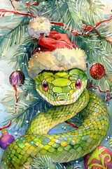 Green snake in a Santa hat, Christmas tree background, watercolor scene with decorations and snowflakes.