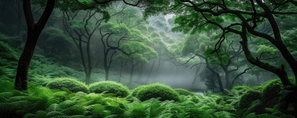 Serene forest landscape with lush green foliage, misty atmosphere, and tranquil ambiance, creating...