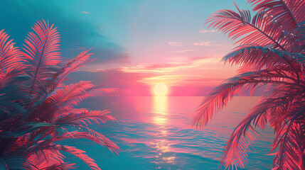 Fototapeta na wymiar Create a vibrant and surreal landscape featuring a beach, palm trees, and a setting sun