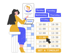 Selecting a time interval in the calendar. Making an appointment with a client, student, job candidate. Colleagues on a one-on-one online call. Schedule. Vector flat illustration.