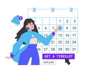 Select a date for an online meeting with a client or colleague, or an appointment with a doctor. Monthly planning, organization, management. The girl next to the calendar. Notification. Vector flat.