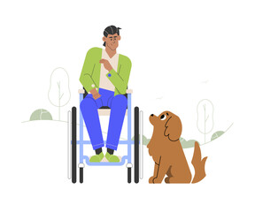A handsome guy in a wheelchair and his dog are walking together in the park. Person with disability and pet assistant. Vector flat illustration.