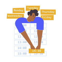 Selecting a time slot for an online meeting with a client or colleague, or an appointment with a doctor. Day planning, organization, management. A character surrounded by the days of the week. Vector