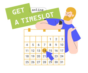 Selecting a date for an online meeting with a client or colleague, or an appointment with a doctor. Monthly planning, organization, management. A guy with a smartphone chooses a date. Vector flat