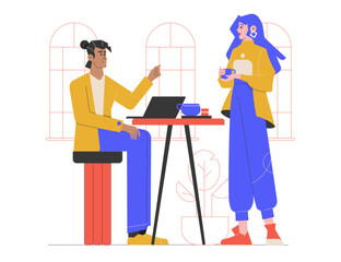 Colleagues communicate in the office. Co-workers are discussing the project and drinking coffee. The girl stands and holds a mug, the guy sits with a laptop. Young startup. Vector flat illustration.