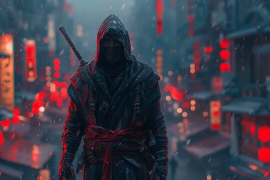 A hooded figure with a katana stands in a snow-covered Japanese city.