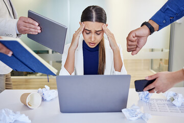 Businesswoman, office and multitasking with stress or working with laptop, burnout and overwhelmed...