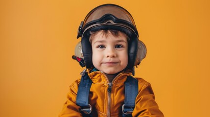 A young boy dressed in a helmet and jacket, embodying the spirit of a pilot