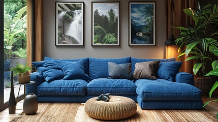 Living room interior with blue sofa in 3D
