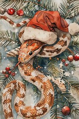 Watercolor drawing of a green snake wearing a Santa hat, Christmas tree in the background with snowflakes.