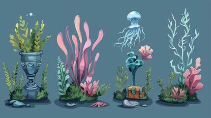 Set of four of fish and seaweed for seabed design. Vector