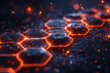 Digital illustration of molecular structures with hexagonal patterns and futuristic elements