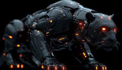 Fototapeta premium A sleek, robotic panther with glowing red eyes, poised for action.