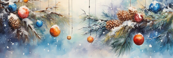 New Year's Christmas background with fir branches, Christmas tree toys, pine cones, snow, and snowflakes.