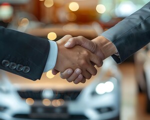 Close up of a handshake between a sales manager and a customer at a car showroom