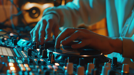 A person's hand is shown using a turntable to mix music