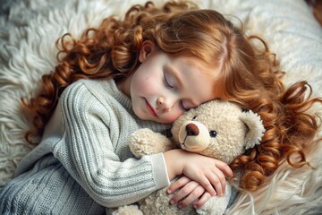 A little girl with red curly long hair and freckles is sleeping in her bed, hugging a teddy bear.