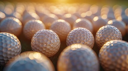 Close-up. Many golf balls, pattern of used balls on golf field as background