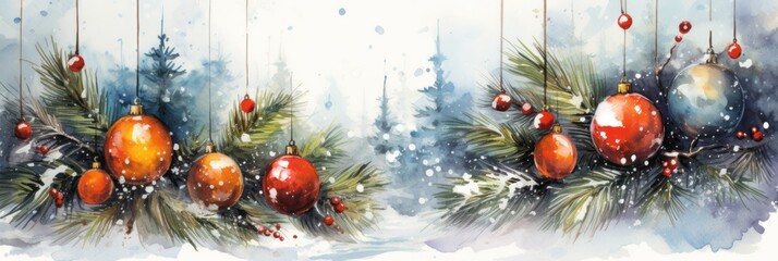 Christmas background with fir branches, tree toys, pine cones, snow, and snowflakes for a holiday banner.