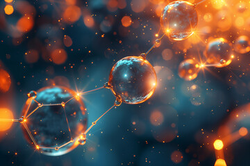 Transparent molecules floating in space with a soft light effect and depth of field