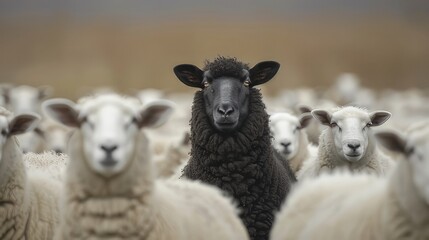 Fototapeta premium Being distinctive and unique, with its own identity and special abilities, sets one apart from the rest like a black sheep in a flock of white sheep, emerging as a leader 