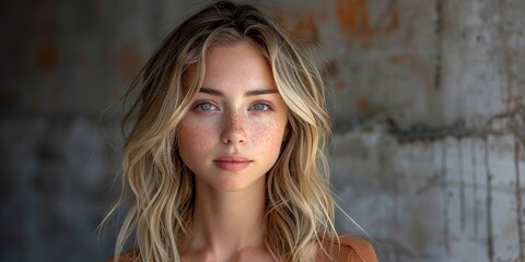 Fototapeta premium Young woman with freckles in a natural light portrait, looking serene and confident